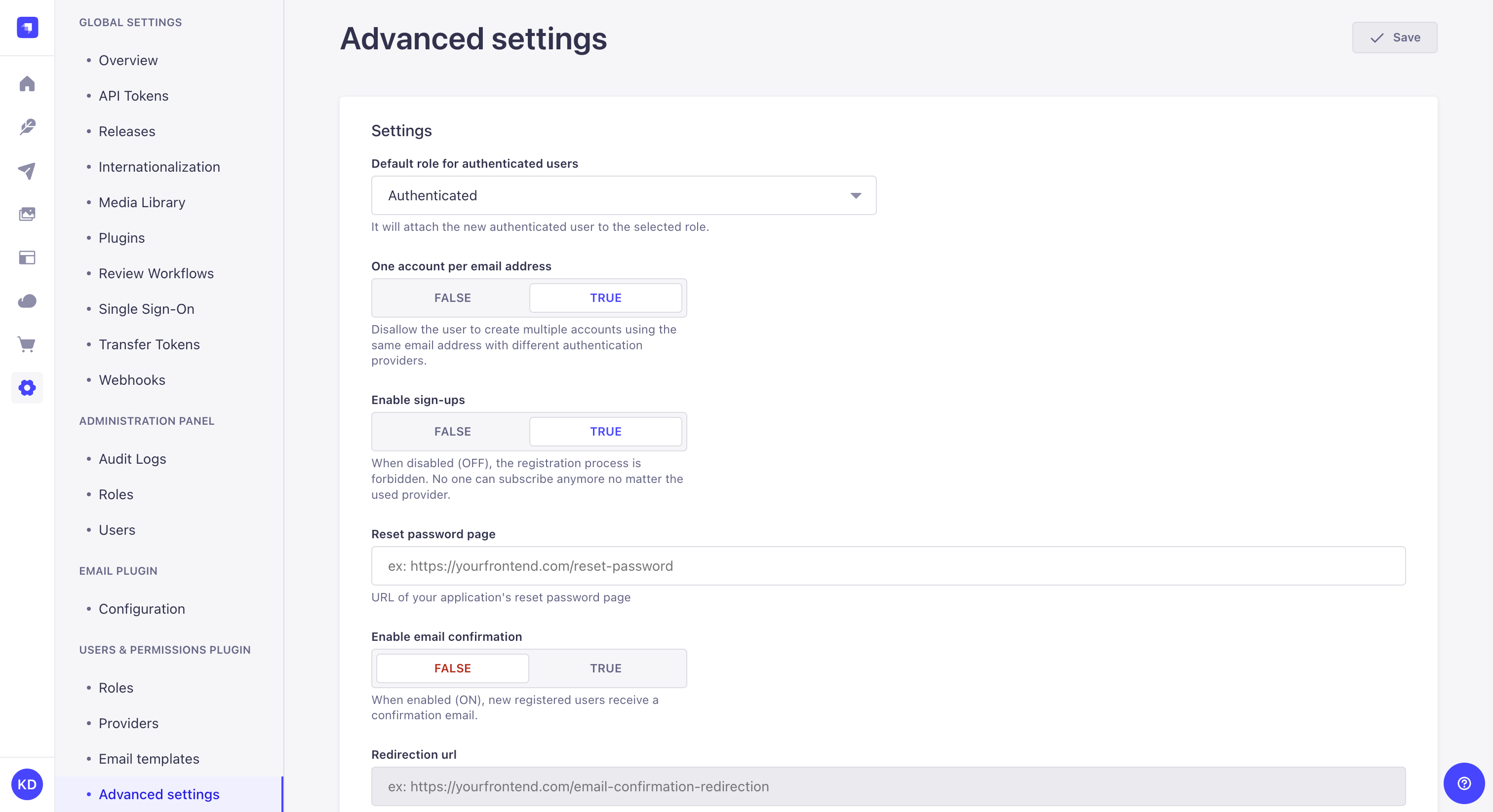 Advanced settings interface